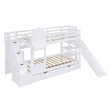 Load image into Gallery viewer, Twin-Over-Twin Castle Style Bunk Bed with 2 Drawers 3 Shelves and Slide - White
