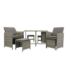 Load image into Gallery viewer, 9 Pieces Patio Dining Sets Outdoor Space Saving Rattan Chairs with Glass Table Patio Furniture Sets Cushioned Seating and Back Sectional Conversation Set Grey Wicker + Grey Cushion
