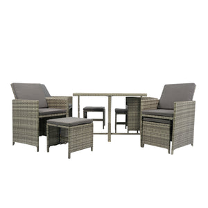 9 Pieces Patio Dining Sets Outdoor Space Saving Rattan Chairs with Glass Table Patio Furniture Sets Cushioned Seating and Back Sectional Conversation Set Grey Wicker + Grey Cushion