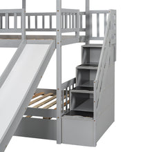 Load image into Gallery viewer, Twin over Twin House Bunk Bed with Trundle and Slide, Storage Staircase, Roof and Window Design, Gray(Old SKU: GX000931AAE)
