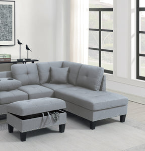 Living Room Furniture 3-PCS Sectional Sofa Set LAF Sofa RAF Chaise And Storage Ottoman Cup Holder Taupe Grey Color Linen-Like Fabric Couch