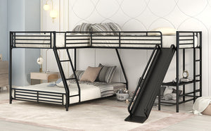 L-Shaped Twin over Full Bunk Bed with Twin Size Loft Bed,Built-in Desk and Slide,Black