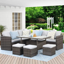 Load image into Gallery viewer, 7-Pieces PE Rattan Wicker Patio Dining Sectional Cusions Sofa Set with Grey cushions
