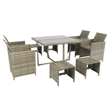 Load image into Gallery viewer, 9 Pieces Patio Dining Sets Outdoor Space Saving Rattan Chairs with Glass Table Patio Furniture Sets Cushioned Seating and Back Sectional Conversation Set Grey Wicker + Grey Cushion
