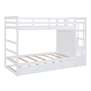 Twin Over Twin Bunk Bed with Trundle and Staircase,White(OLD SKU:LT000068AAK)