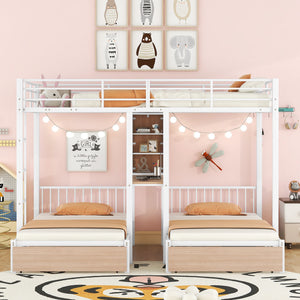 Full Over Twin & Twin Triple Bunk Bed with Drawers, Multi-functional Metal Frame Bed with desks and shelves in the middle, White