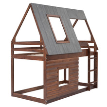 Load image into Gallery viewer, Wood Twin Size House Bunk Bed with Roof, Ladder and 2 Windows, Oak &amp; Smoky Grey
