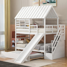 Load image into Gallery viewer, Twin over Twin House Bunk Bed with Trundle and Slide, Storage Staircase, Roof and Window Design, White(Old SKU: GX000931AAK)
