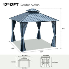 Load image into Gallery viewer, 12x12ft Gazebo Double Roof Canopy with Netting and Curtains, Outdoor Gazebo 2-Tier Hardtop Galvanized Iron Aluminum Frame Garden Tent for Patio, Backyard, Deck and Lawns
