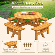 Load image into Gallery viewer, 8 Person Wooden Picnic Table, Outdoor Camping Dining Table with Seat, Garden, DIY w/ 4 Built-in Benches, 2220lb Capacity - Natural
