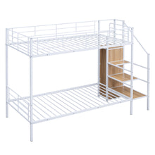 Load image into Gallery viewer, Twin Over Twin Metal Bunk Bed with Lateral Storage Ladder and Wardrobe, White
