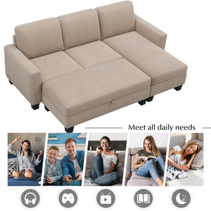 [New]81" Reversible Sectional Couch with Storage Chaise L-Shaped Sofa for Apartment Sectional Set ,Sectional Sofa with Ottoman,Nailhead Textured Linen Fabric 3 pieces Sofa Set,Warm Grey