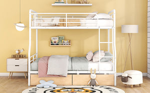 Full XL Over Queen Metal Bunk Bed with 2 Drawers, White