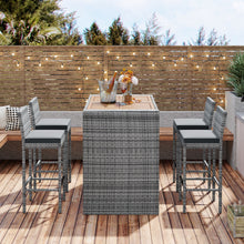 Load image into Gallery viewer, GO 5-pieces Outdoor Patio Wicker Bar Set, Bar Height Chairs With Non-Slip Feet And Fixed Rope, Removable Cushion, Acacia Wood Table Top, Brown Wood And Gray Wicker
