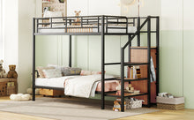 Load image into Gallery viewer, Twin Over Twin Metal Bunk Bed with Lateral Storage Ladder and Wardrobe, Black
