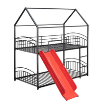 Load image into Gallery viewer, Twin Over Twin Metal Bunk Bed With Slide,Kids House Bed Black+Red
