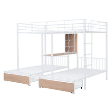 Load image into Gallery viewer, Full Over Twin &amp; Twin Triple Bunk Bed with Drawers, Multi-functional Metal Frame Bed with desks and shelves in the middle, White
