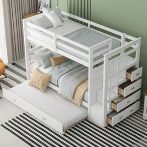 Twin Over Twin Bunk Bed with Trundle and Staircase,White(OLD SKU:LT000068AAK)