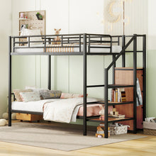 Load image into Gallery viewer, Twin Over Twin Metal Bunk Bed with Lateral Storage Ladder and Wardrobe, Black
