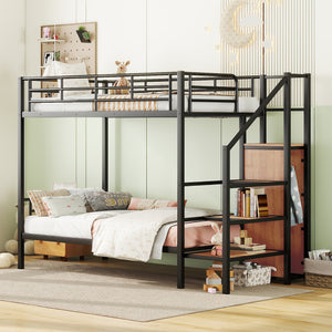 Twin Over Twin Metal Bunk Bed with Lateral Storage Ladder and Wardrobe, Black