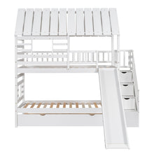 Load image into Gallery viewer, Twin over Twin House Bunk Bed with Trundle and Slide, Storage Staircase, Roof and Window Design, White(Old SKU: GX000931AAK)
