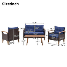 Load image into Gallery viewer, GO 4-Piece Garden Furniture,  Patio Seating Set, PE Rattan Outdoor Sofa Set, Wood Table and Legs, Brown and Blue
