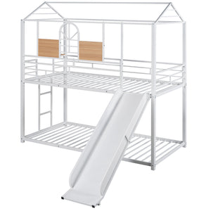 Twin Over Twin Metal Bunk Bed ,Metal Housebed With Slide,Three Colors Available.(White with White  Slide)(OLD SKU :LP000095AAK)