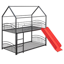 Load image into Gallery viewer, Twin Over Twin Metal Bunk Bed With Slide,Kids House Bed Black+Red
