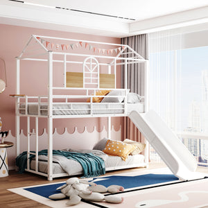 Twin Over Twin Metal Bunk Bed ,Metal Housebed With Slide,Three Colors Available.(White with White  Slide)(OLD SKU :LP000095AAK)