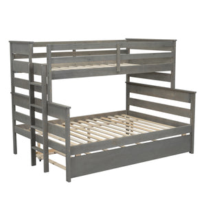 Wood Twin over Full Bunk Bed with Twin Size Trundle, Gray