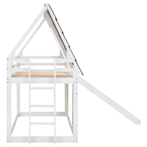 Wood Twin Size House Bunk Bed with Roof, Ladder and Slide, White+Brown