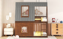 Load image into Gallery viewer, Wood Twin Size House Bunk Bed with Roof, Ladder and 2 Windows, Oak &amp; Smoky Grey
