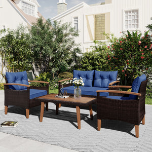 GO 4-Piece Garden Furniture,  Patio Seating Set, PE Rattan Outdoor Sofa Set, Wood Table and Legs, Brown and Blue