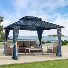 Load image into Gallery viewer, 12x12ft Gazebo Double Roof Canopy with Netting and Curtains, Outdoor Gazebo 2-Tier Hardtop Galvanized Iron Aluminum Frame Garden Tent for Patio, Backyard, Deck and Lawns
