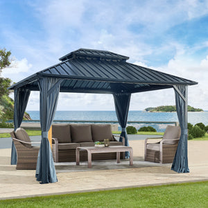 12x12ft Gazebo Double Roof Canopy with Netting and Curtains, Outdoor Gazebo 2-Tier Hardtop Galvanized Iron Aluminum Frame Garden Tent for Patio, Backyard, Deck and Lawns