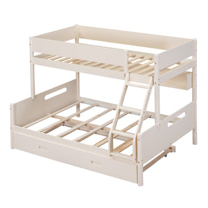 Wood Twin over Full Bunk Bed with Storage Shelves and Twin Size Trundle, Cream