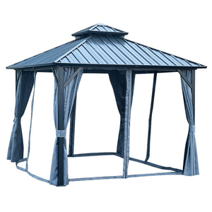 12x12ft Gazebo Double Roof Canopy with Netting and Curtains, Outdoor Gazebo 2-Tier Hardtop Galvanized Iron Aluminum Frame Garden Tent for Patio, Backyard, Deck and Lawns