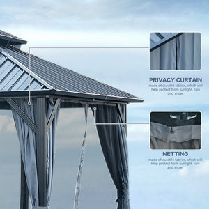 12x12ft Gazebo Double Roof Canopy with Netting and Curtains, Outdoor Gazebo 2-Tier Hardtop Galvanized Iron Aluminum Frame Garden Tent for Patio, Backyard, Deck and Lawns