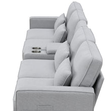 Load image into Gallery viewer, [VIDEO provided] [New] 114.2&quot; Upholstered Sofa with Console, 2 Cupholders and 2 USB Ports Wired or Wirelessly Charged, Modern Linen Fabric Couches with 4 Pillows for Living Room, Apartment (4-Seat)
