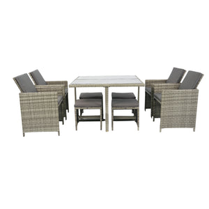 9 Pieces Patio Dining Sets Outdoor Space Saving Rattan Chairs with Glass Table Patio Furniture Sets Cushioned Seating and Back Sectional Conversation Set Grey Wicker + Grey Cushion