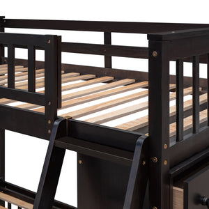 Wooden Twin Over Full Bunk Bed With Six Drawers And Flexible Shelves,Bottom Bed With Wheels,Espresso(OLD SKU:LP000531AAP)