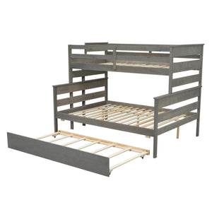 Wood Twin over Full Bunk Bed with Twin Size Trundle, Gray