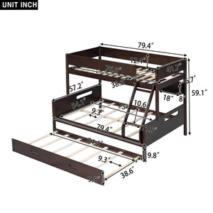 Wood Twin over Full Bunk Bed with Storage Shelves and Twin Size Trundle, Espresso