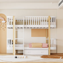 Load image into Gallery viewer, Wood Twin over Twin Bunk Bed with Fence Guardrail and a Big Drawer, White
