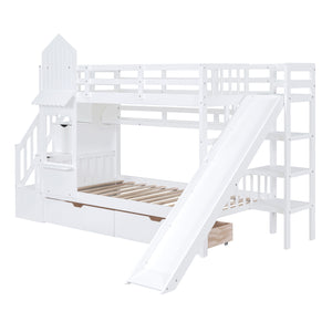 Twin-Over-Twin Castle Style Bunk Bed with 2 Drawers 3 Shelves and Slide - White