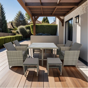 9 Pieces Patio Dining Sets Outdoor Space Saving Rattan Chairs with Glass Table Patio Furniture Sets Cushioned Seating and Back Sectional Conversation Set Grey Wicker + Grey Cushion