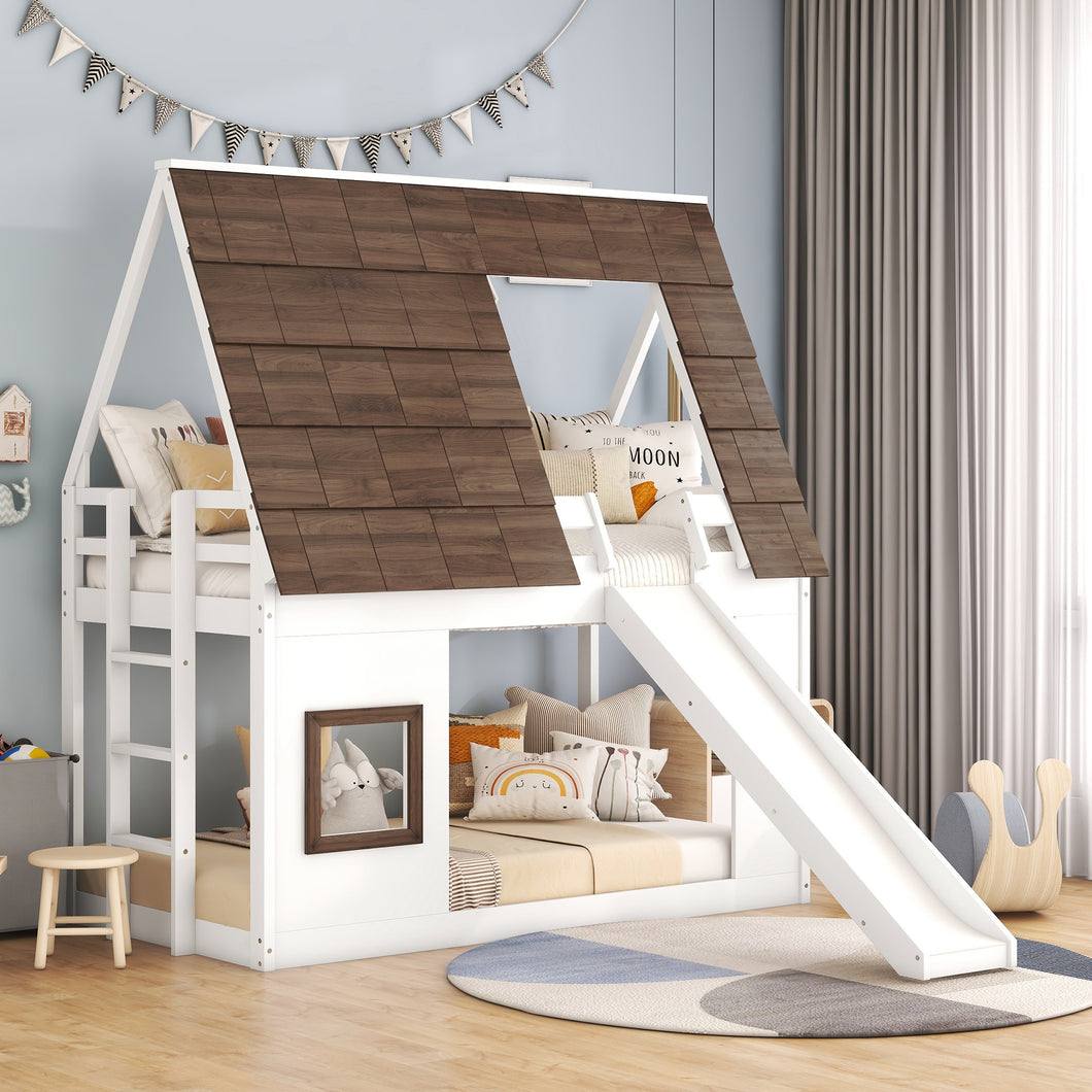 Wood Twin Size House Bunk Bed with Roof, Ladder and Slide, White+Brown