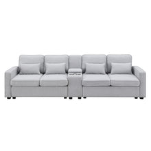 Load image into Gallery viewer, [VIDEO provided] [New] 114.2&quot; Upholstered Sofa with Console, 2 Cupholders and 2 USB Ports Wired or Wirelessly Charged, Modern Linen Fabric Couches with 4 Pillows for Living Room, Apartment (4-Seat)
