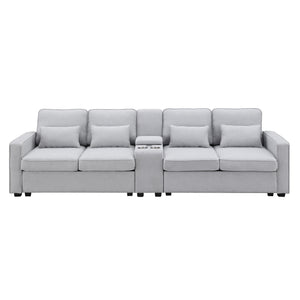 [VIDEO provided] [New] 114.2" Upholstered Sofa with Console, 2 Cupholders and 2 USB Ports Wired or Wirelessly Charged, Modern Linen Fabric Couches with 4 Pillows for Living Room, Apartment (4-Seat)