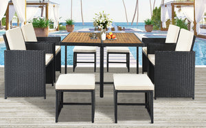 TOPMAX Patio All-Weather PE Wicker Dining Table Set with Wood Tabletop for 8, Black Rattan+Beige Cushion (9-Piece)